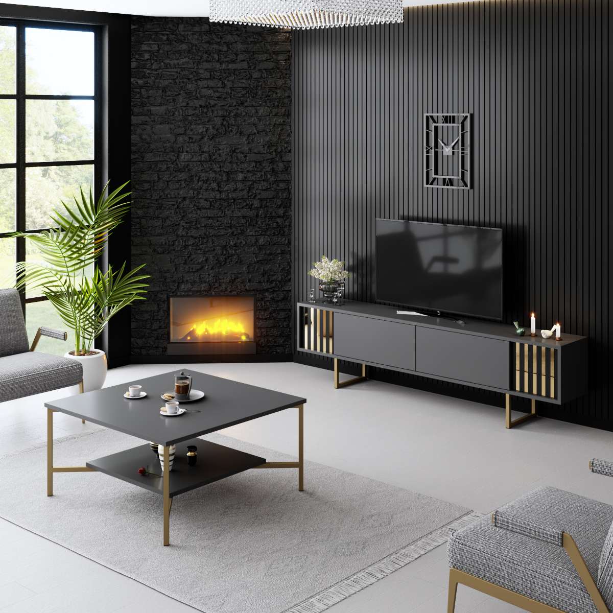 TV Furniture Anthracite Gold Line 180x48x30 - Gold Frame