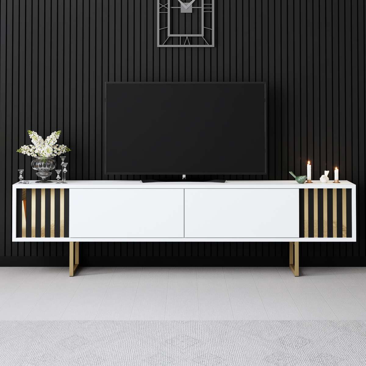 TV Furniture White Gold Line 180x48x30 - Gold Frame