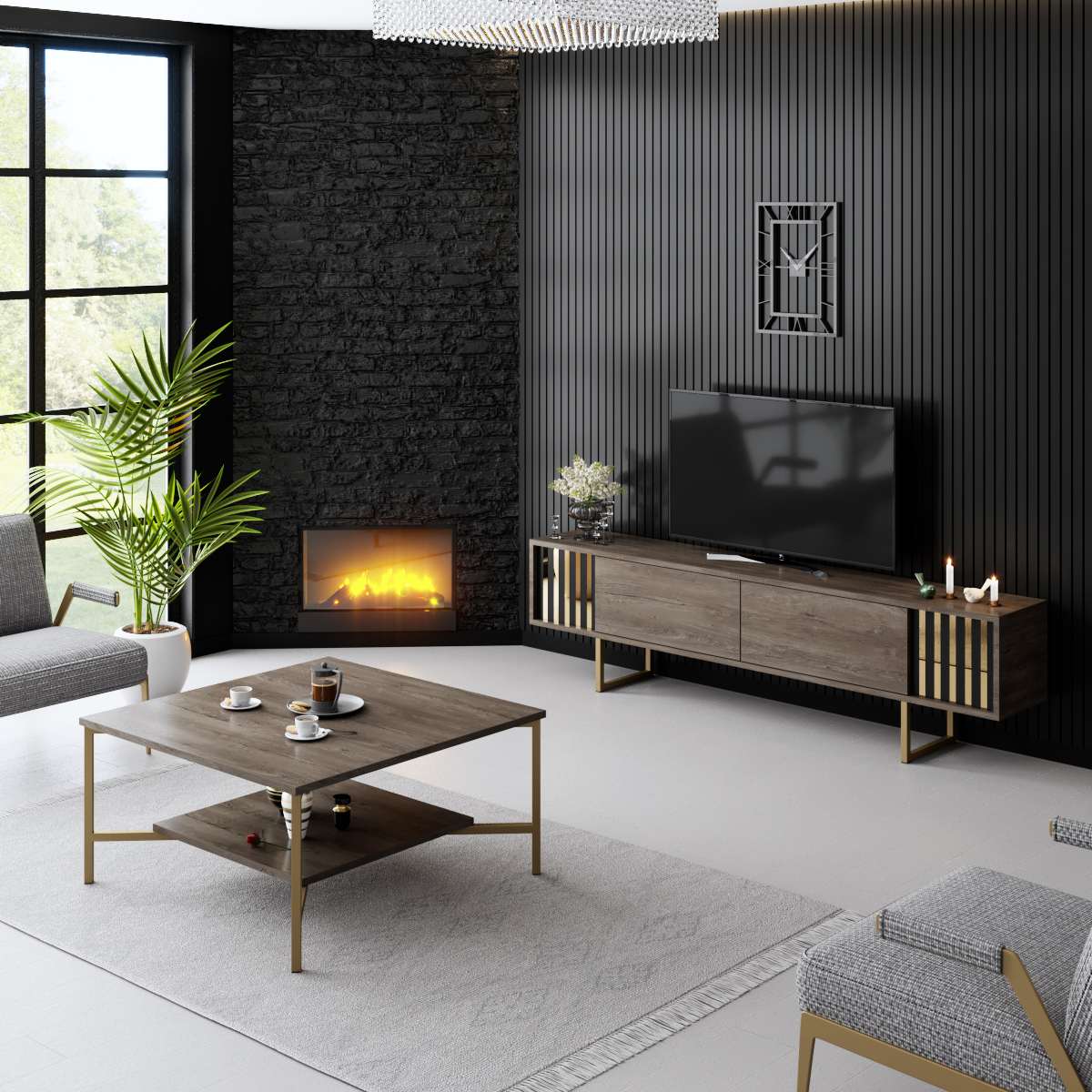 TV Furniture Walnut Gold Line 180x48x30 - Gold Frame