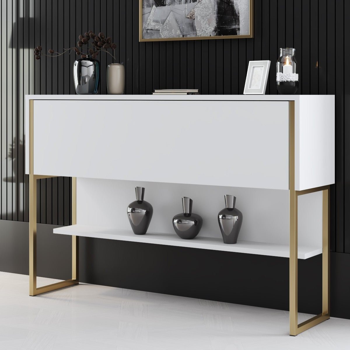 Modern Sideboard White Luxury 120x80x30 - Golden Frame - One Compartment 