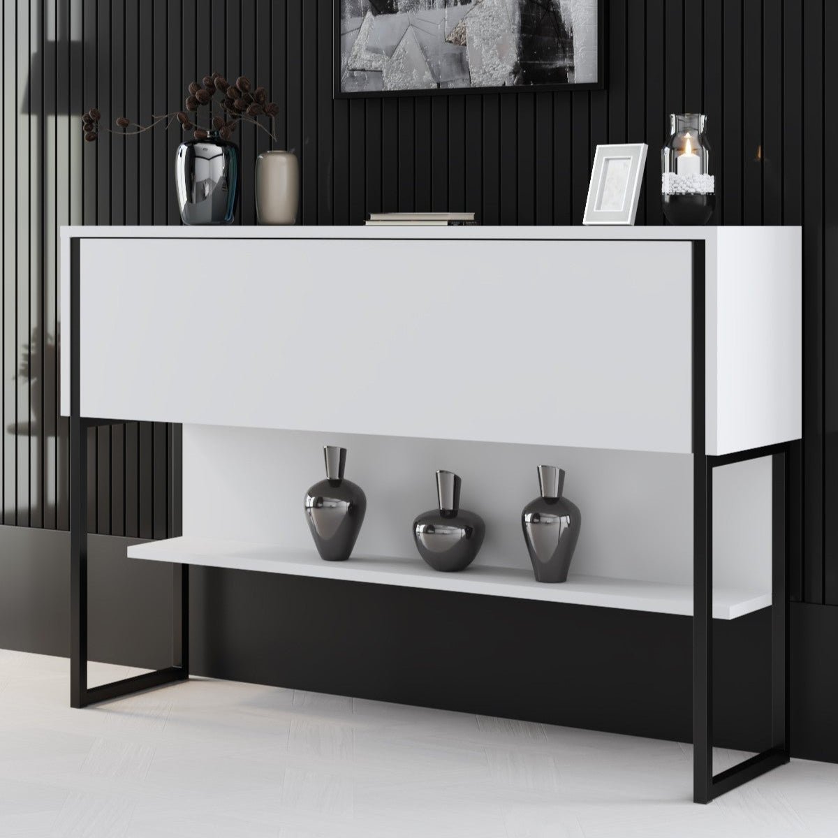 Modern Sideboard White Luxury 120x80x30 - Black Frame - One Compartment 