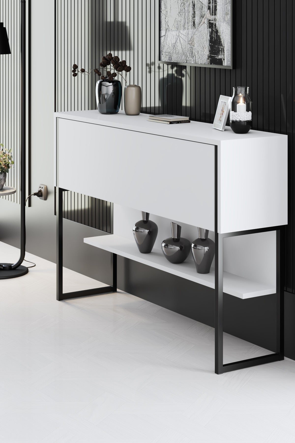 Modern Sideboard White Luxury 120x80x30 - Black Frame - One Compartment 
