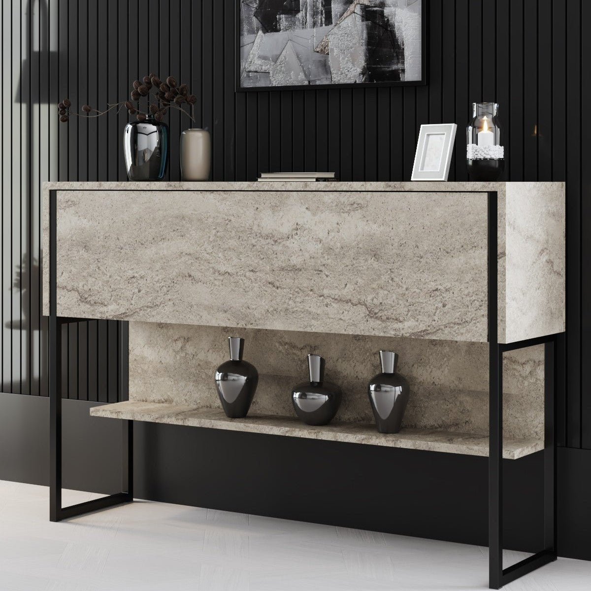 Modern Sideboard Travertine Luxury 120x80x35 - Black Frame - One Compartment 
