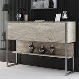 Modern Sideboard Travertine Luxury 120x80x30 - Silver Frame - One Compartment 