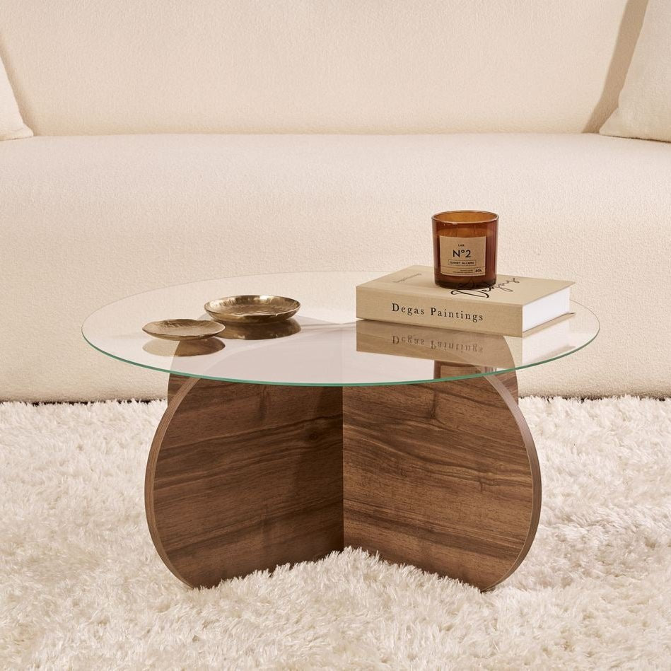Round Coffee Table Glass Aris - Walnut Melamine Base 