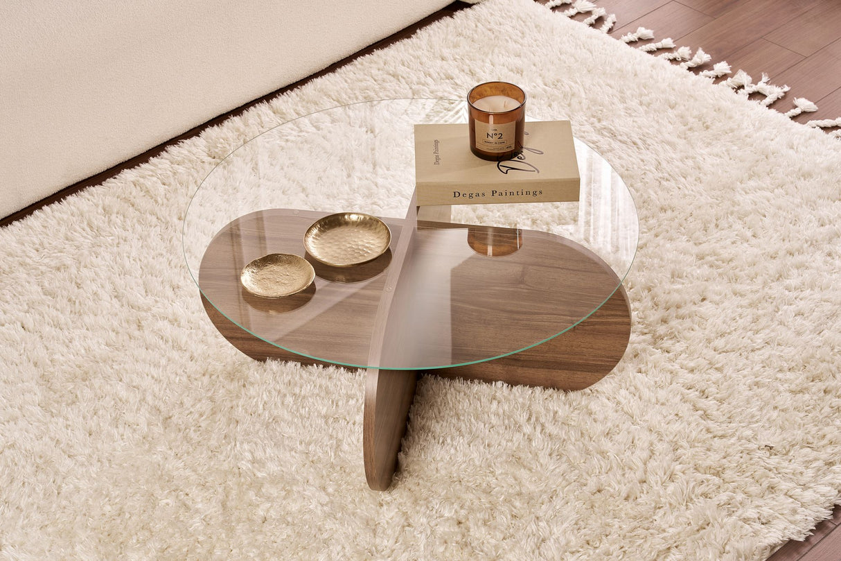 Round Coffee Table Glass Aris - Walnut Melamine Base 