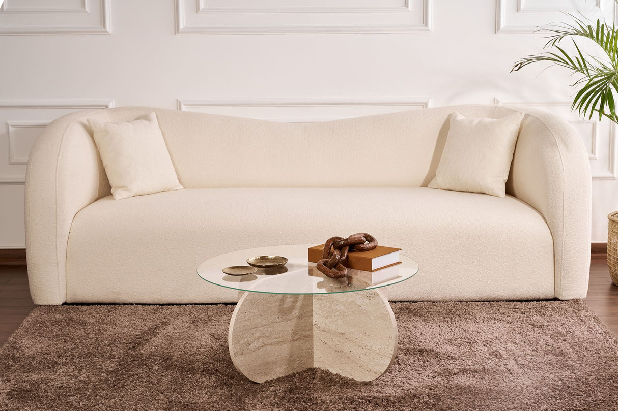 Aris Round Coffee Table 75 cm Glass - Travertine Base 