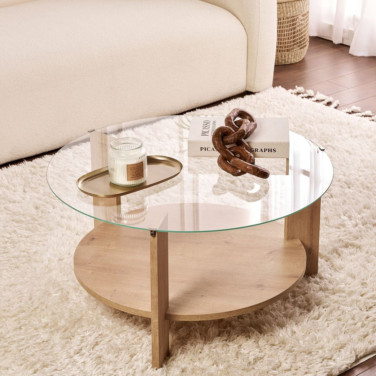 Cairo Coffee Table Round Ø75 cm Sapphire Oak - Glass 75x75x40 cm 