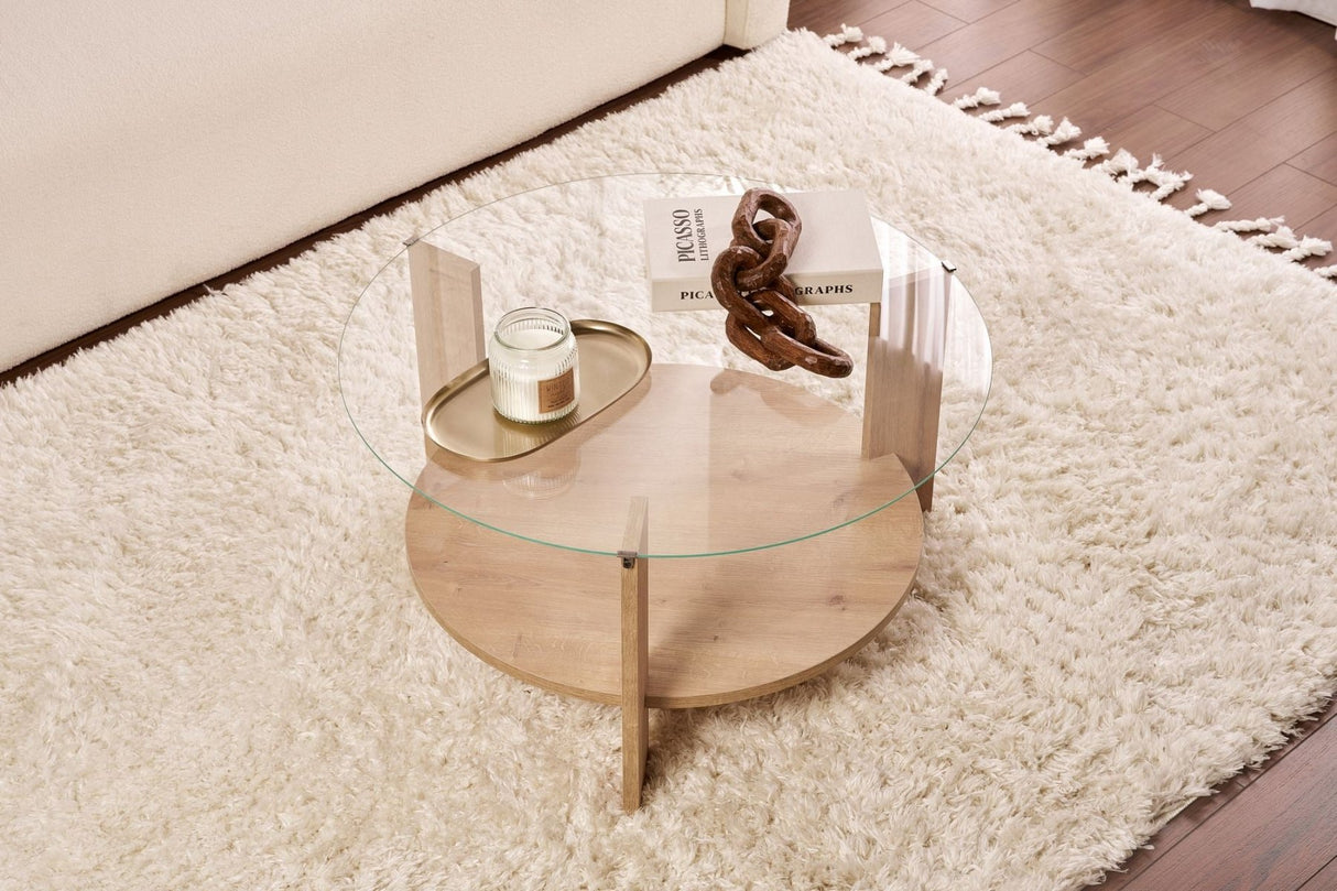 Cairo Coffee Table Round Ø75 cm Sapphire Oak - Glass 75x75x40 cm 