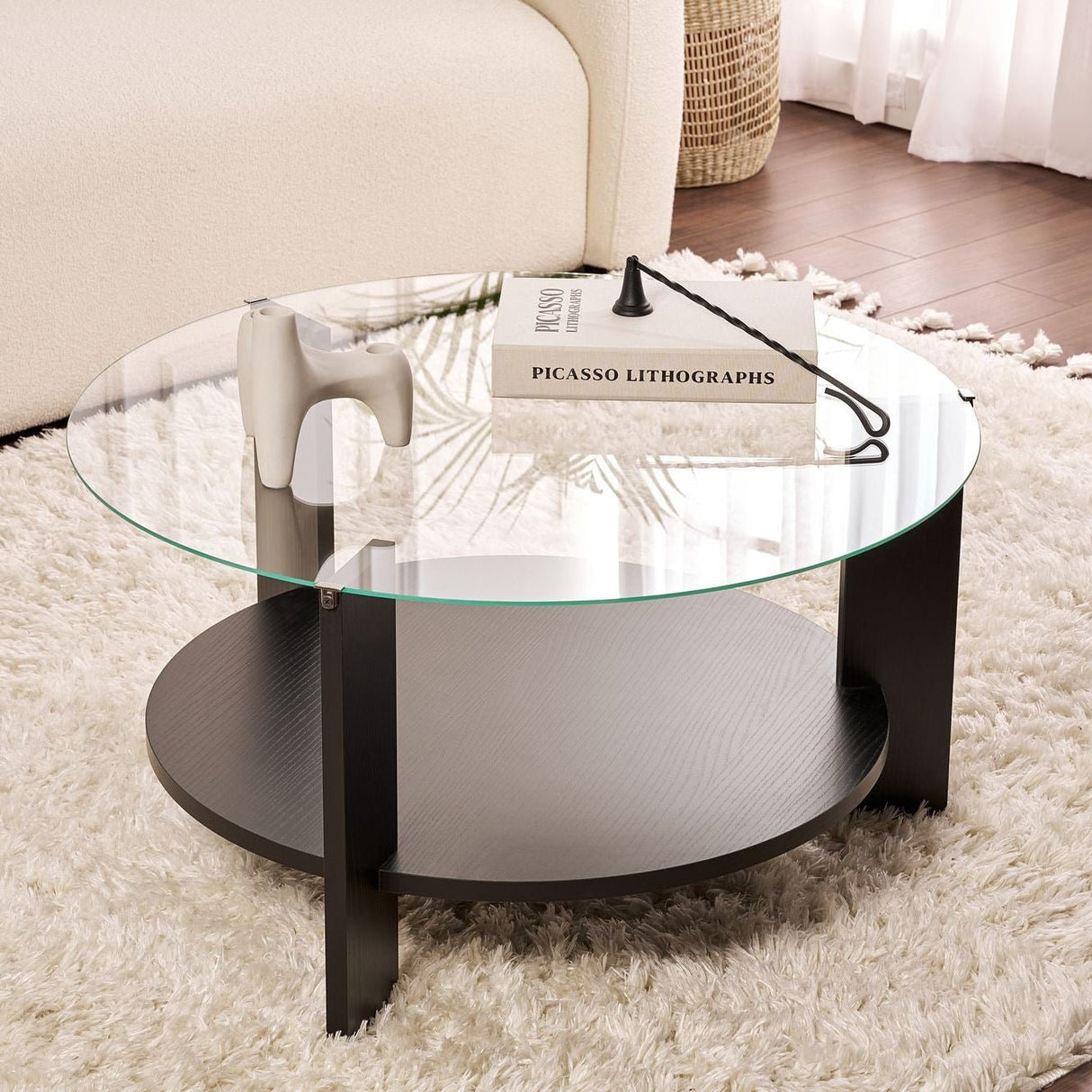 Cairo Coffee Table Round Ø75 cm Black Wood - Smoke Glass 75x75 cm 