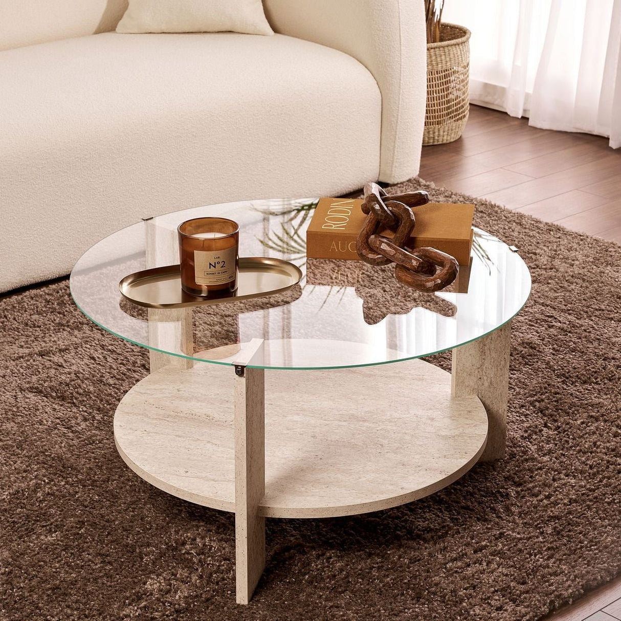 Cairo Coffee Table Round Ø75 cm Travertine - Glass 75x75x40 cm 