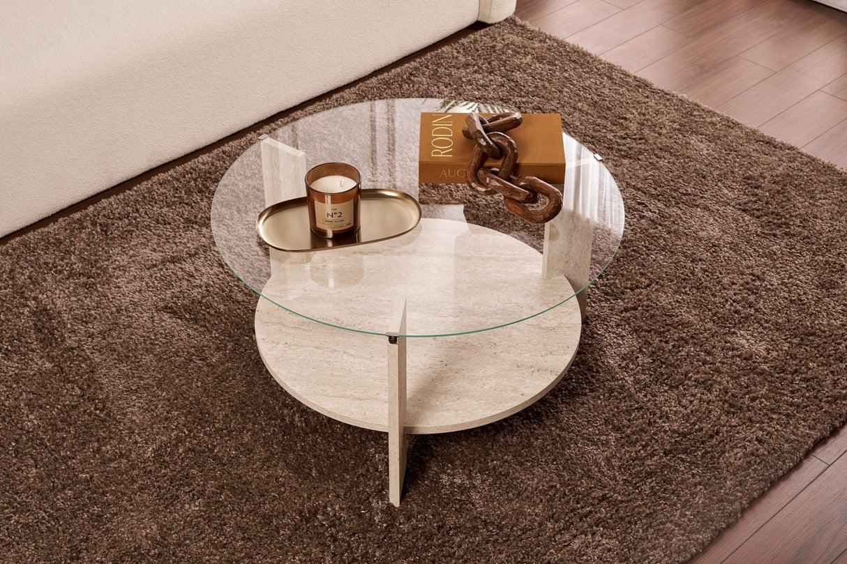 Cairo Coffee Table Round Ø75 cm Travertine - Glass 75x75x40 cm 
