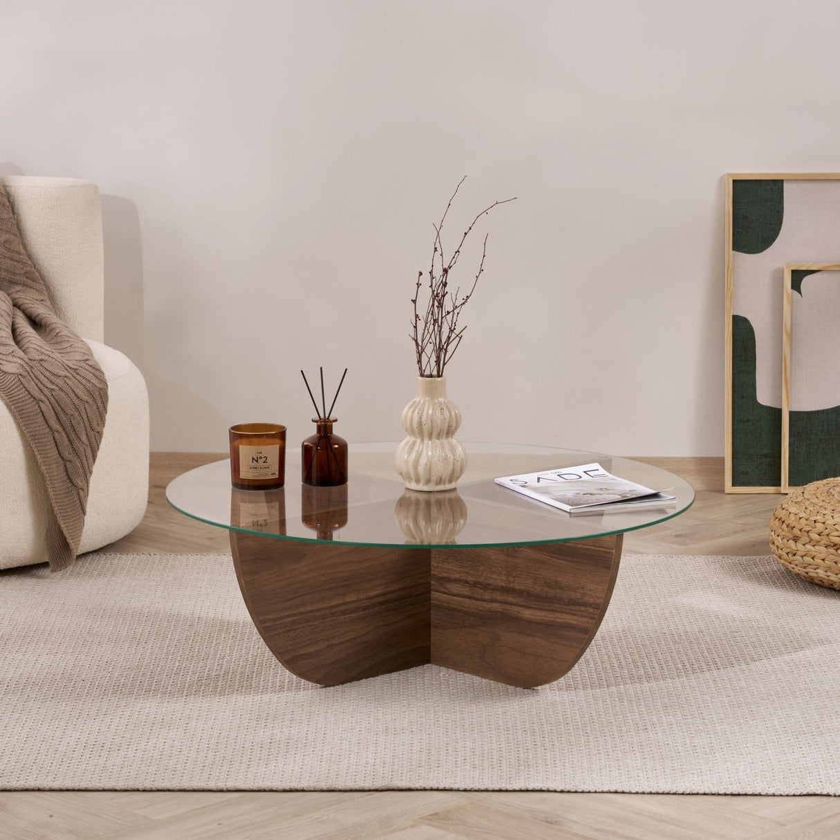 Liya salontafel walnoot ovaal 90 cm Gehard glas