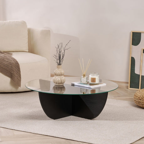 Liya salontafel ovaal zwart houtlook 90 cm Gehard glas