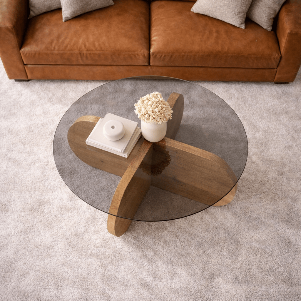 Salontafels - Ronde salontafel Aris eiken look melamine en rookglas 75 cm - Dimehouse