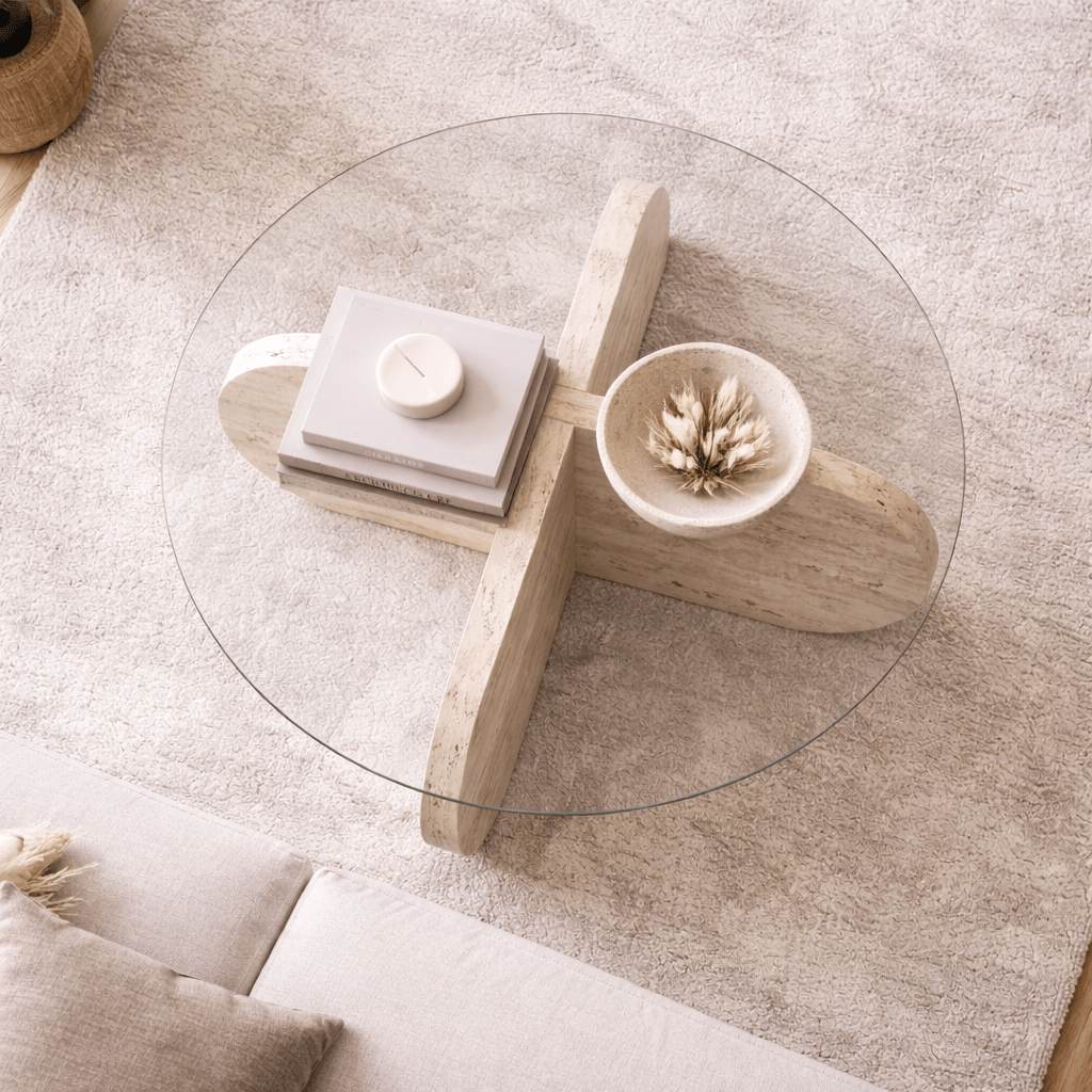 Round coffee table Aris travertine melamine and transparent glass 75 cm