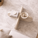 Round coffee table Aris travertine melamine and transparent glass 75 cm