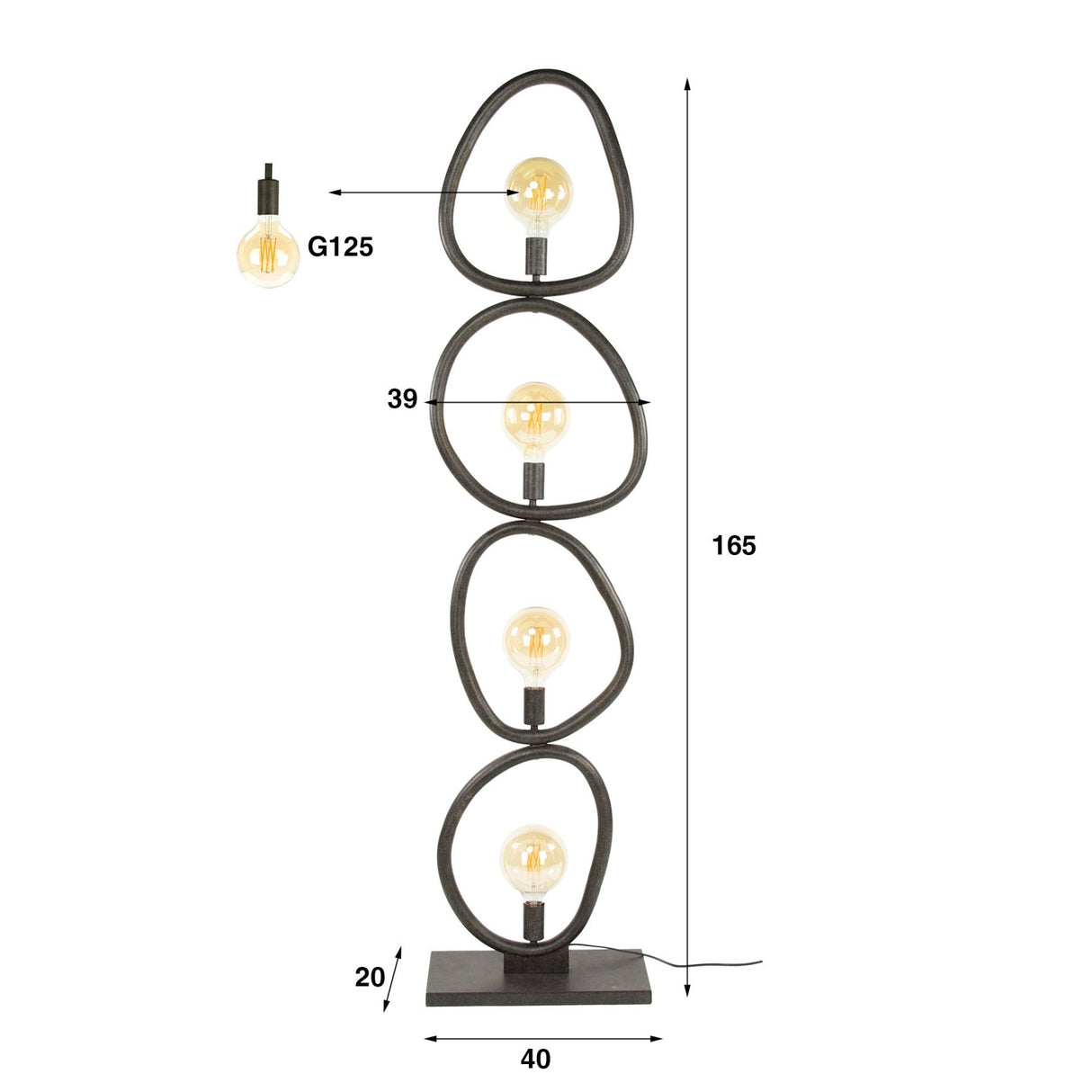 Floor lamp Orion 4-lights Black Metal 165 cm 