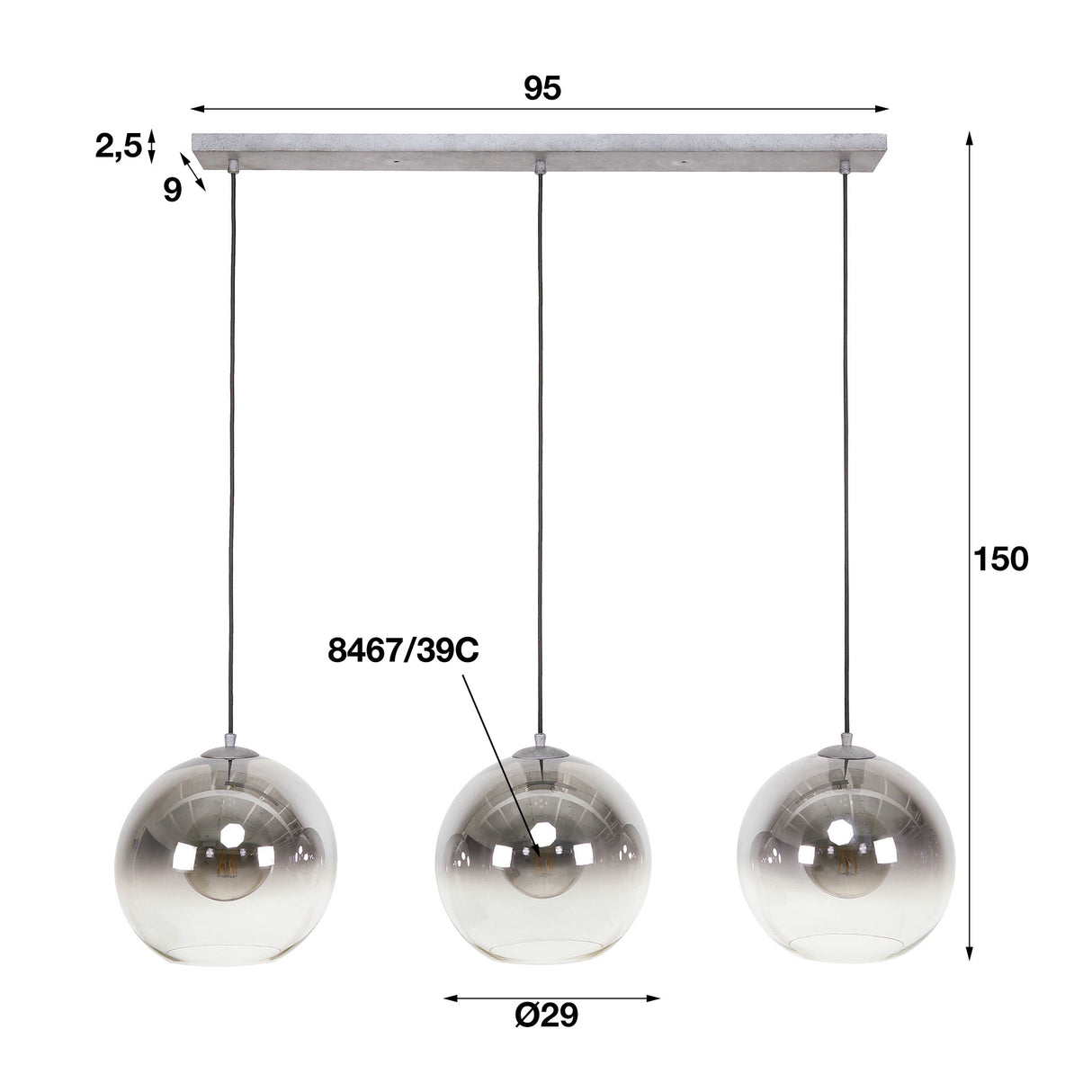 Juliette glass pendant lamp 3-light smoky glass 