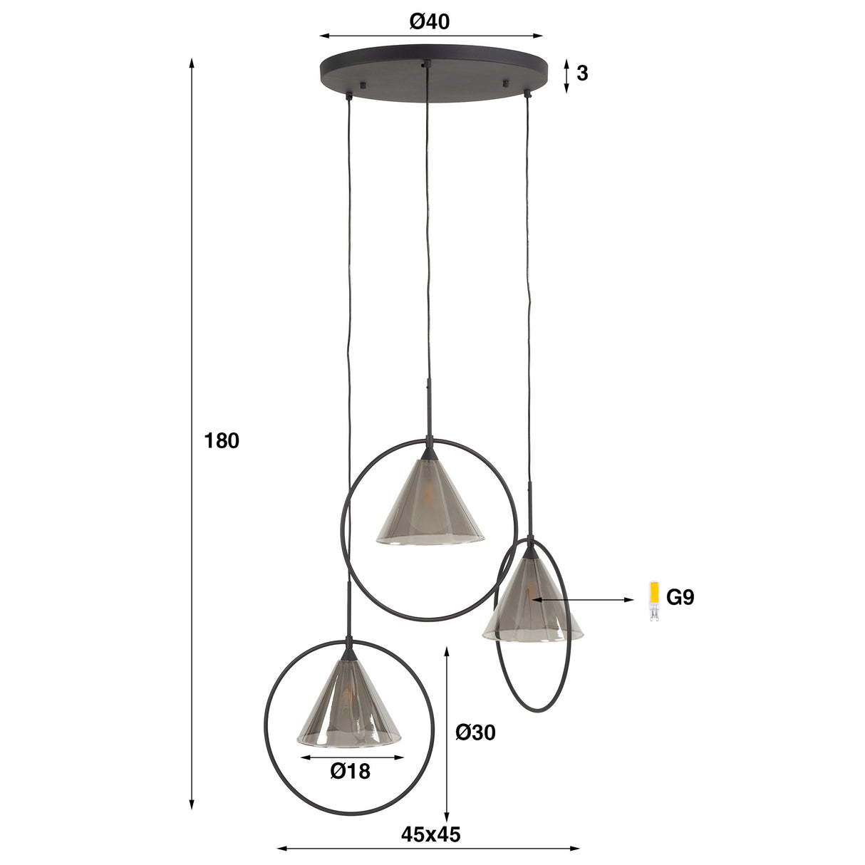 Pendant lamp Niaz 3-light tapered shade stepped smoke grey glass 