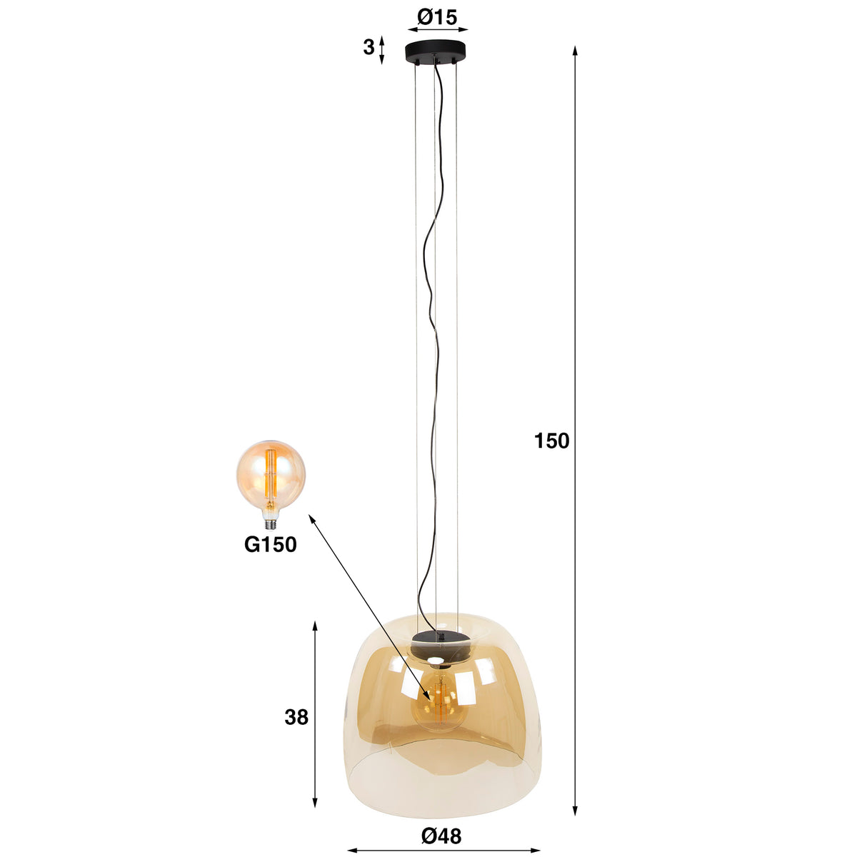 Dain pendant lamp 1-light XL amber-colored glass 