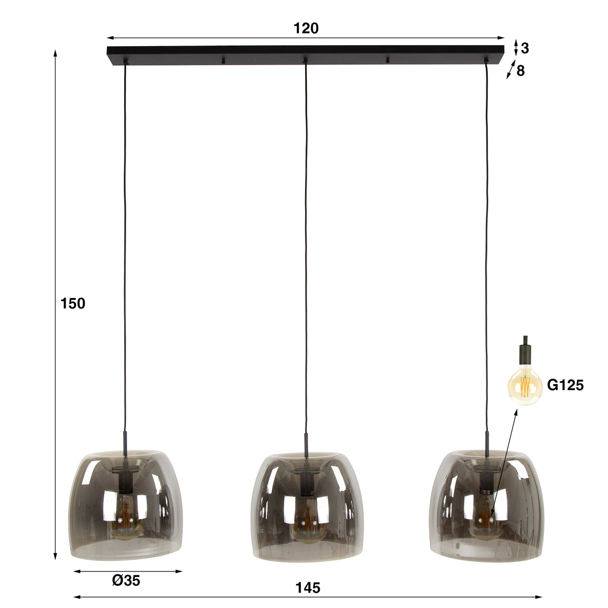 Pendant lamp Dain 3-light chrome-colored glass 