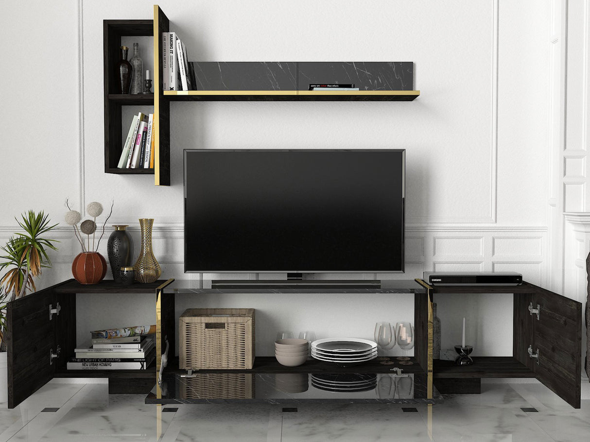 TV Meubels - TV Meubel Set Veyron Zwart Goud Melamine 180x45x32,3 cm - Dimehouse