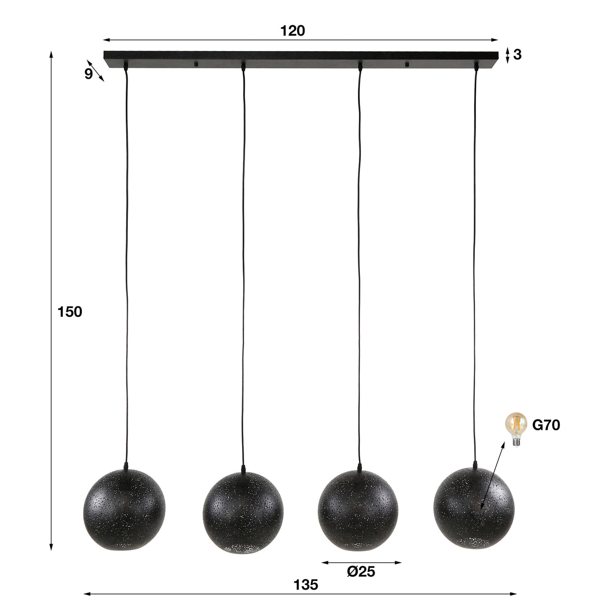Hanging lamp Zeno 4-lights Ø25 Metal Black