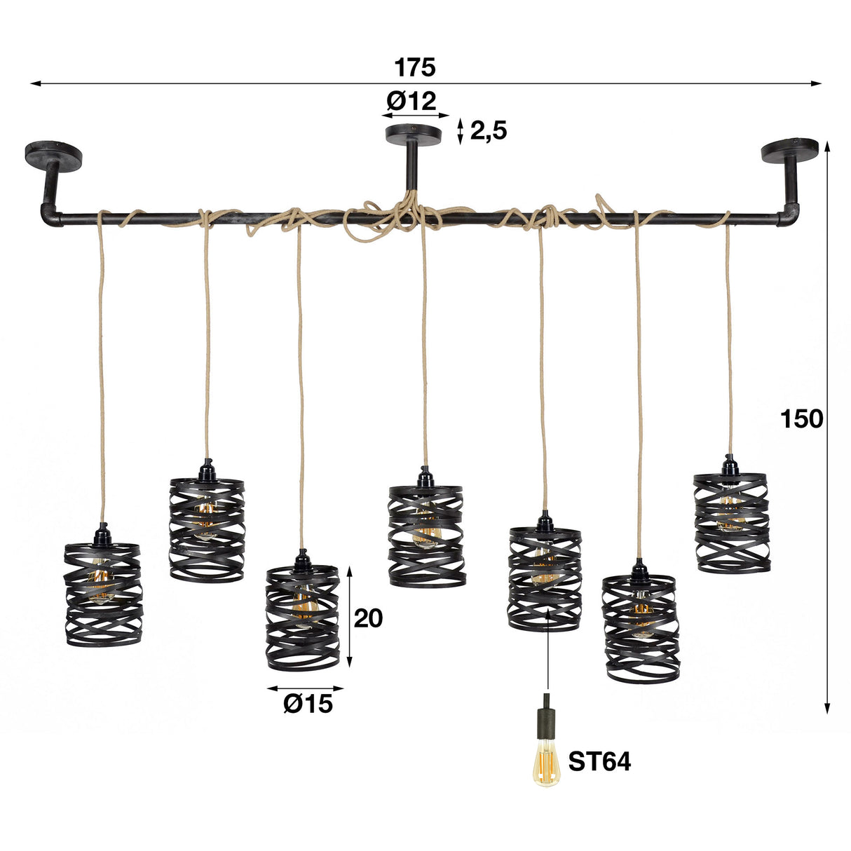 Industrial Pendant Lamp Twist Metal 7-Lights