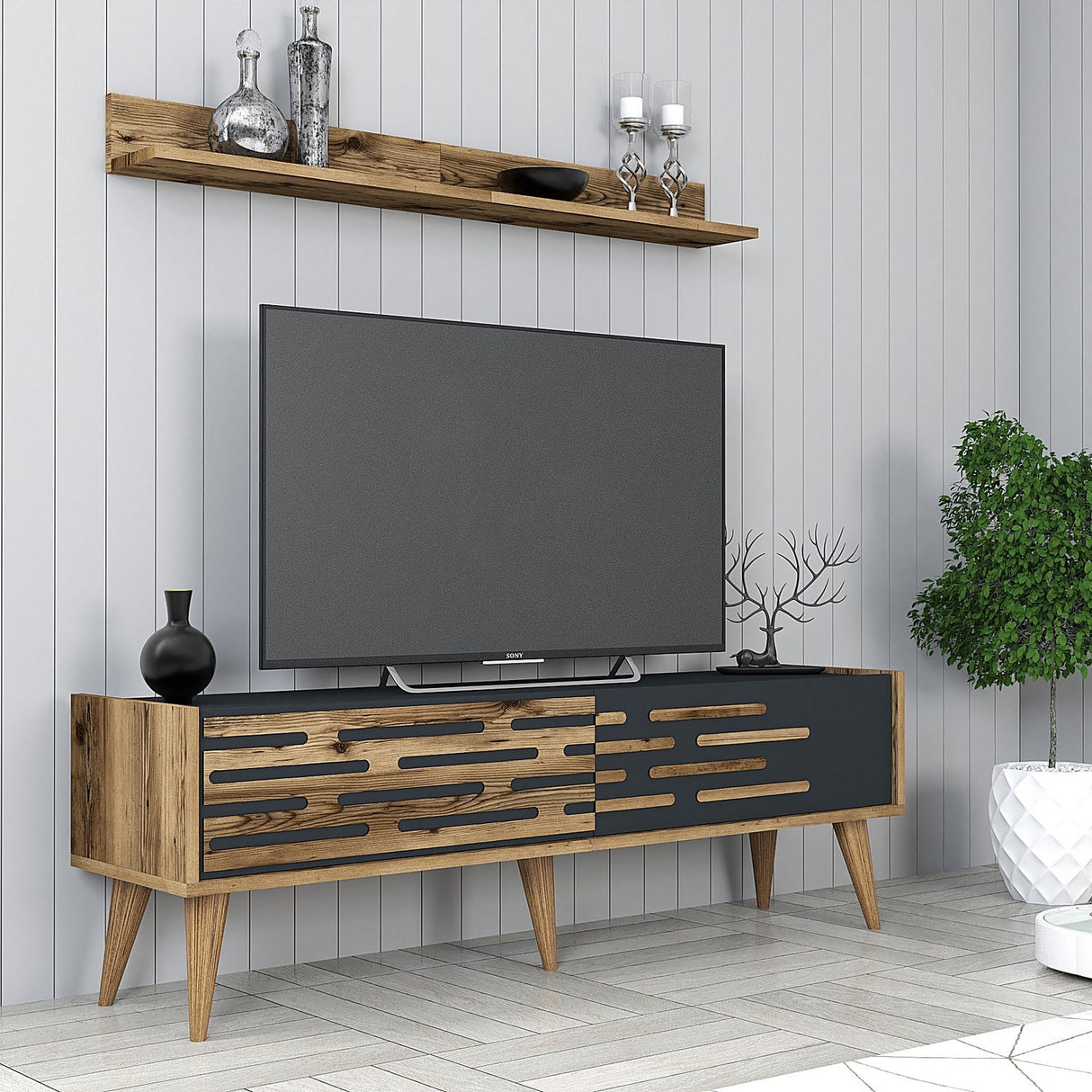 TV Meubels - TV Meubel Set Valensiya Walnoot Antraciet Melamine 140x35x45 cm - Dimehouse