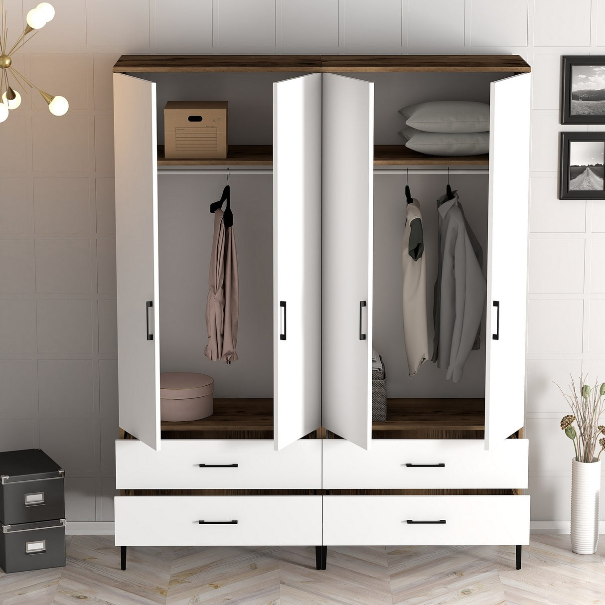 Wardrobe Kumsal TT Walnut White Melamine 160x47.5x201.4 cm