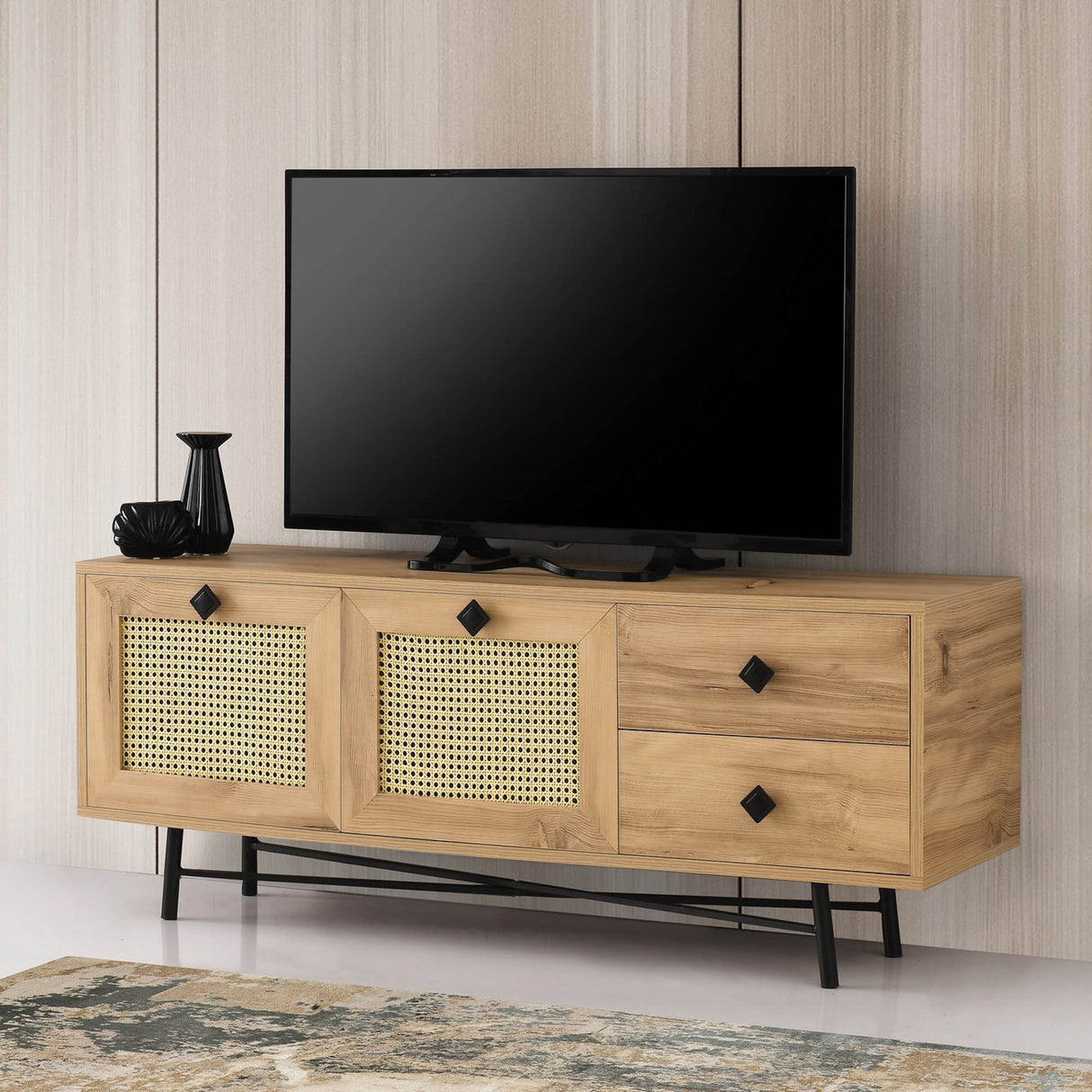 TV Meubels - TV Meubel Hapsiyas Eik Zwart Melamine 140x60x40 cm - Dimehouse