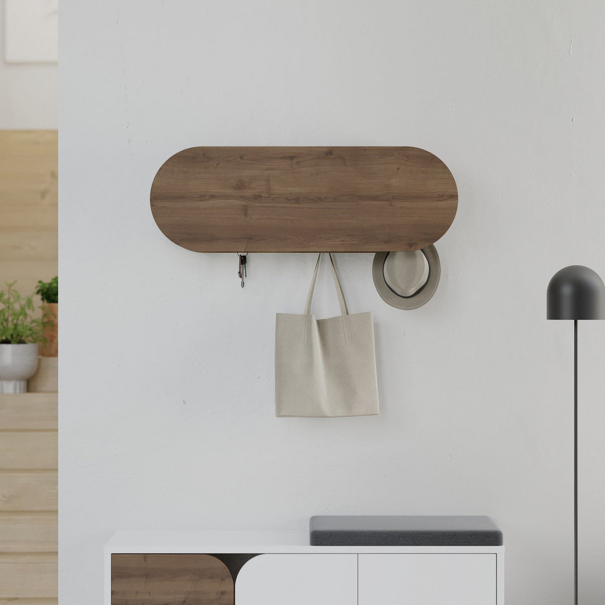 Coat Rack Oval 6-Hook - Hitit - 84x29 cm - With Compartment 