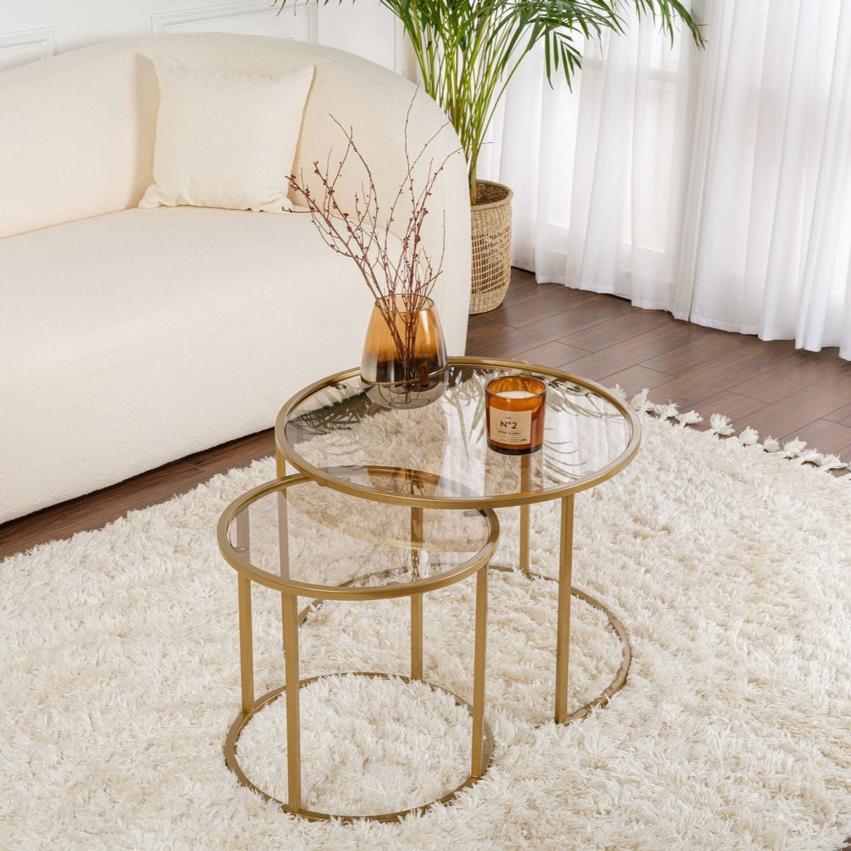 Modern Round Coffee Table Set of 2 Uru Gold - Bronze Glass - 60/42 cm 