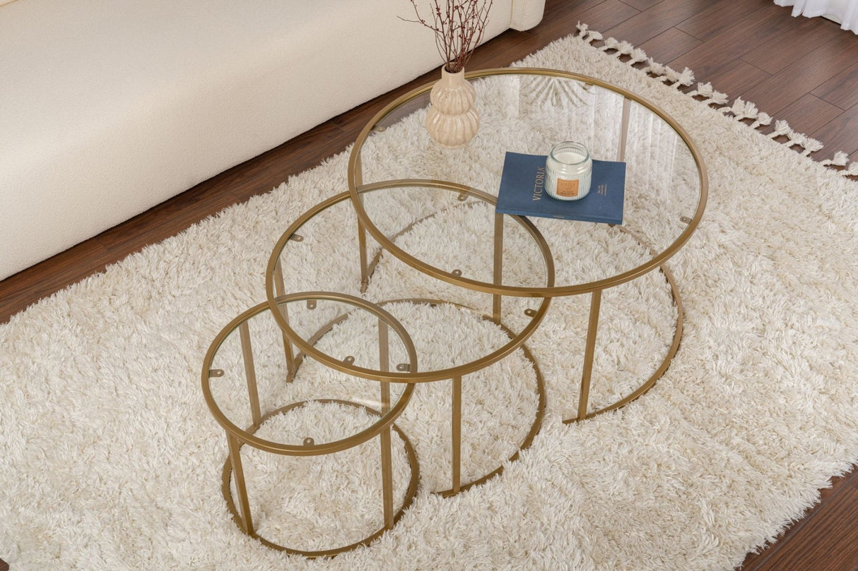 Modern Round Coffee Table Set of 3 Uru Gold - Transparent Glass - 80/60/42 cm 