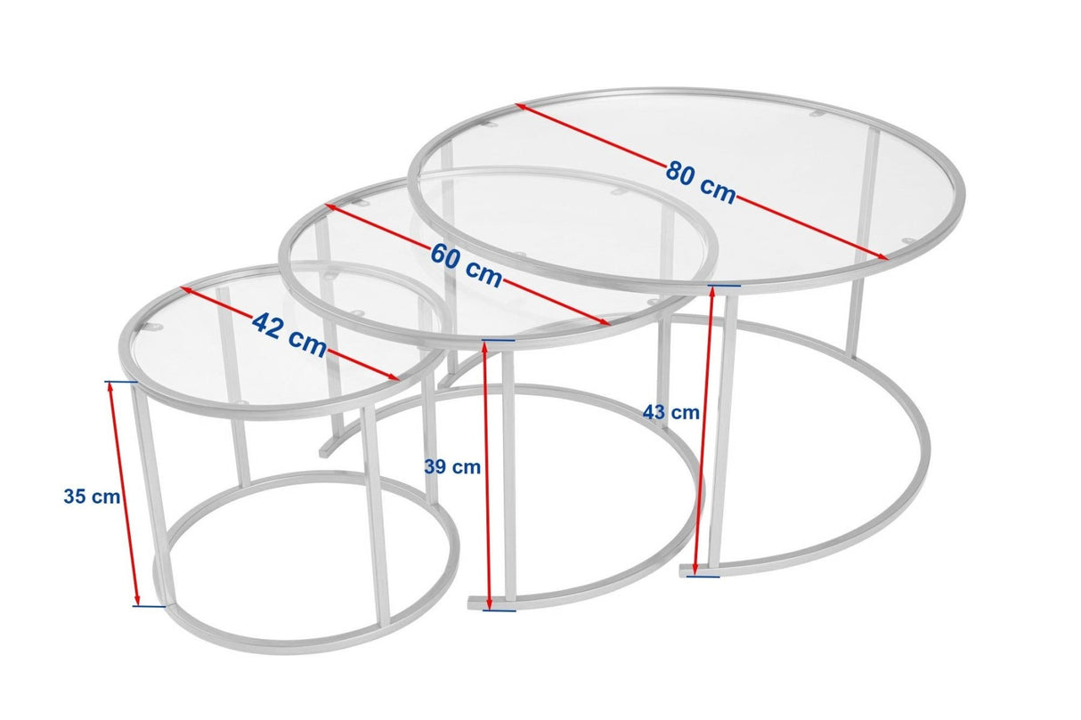 Modern Round Coffee Table Set of 3 Uru Gold - Transparent Glass - 80/60/42 cm 