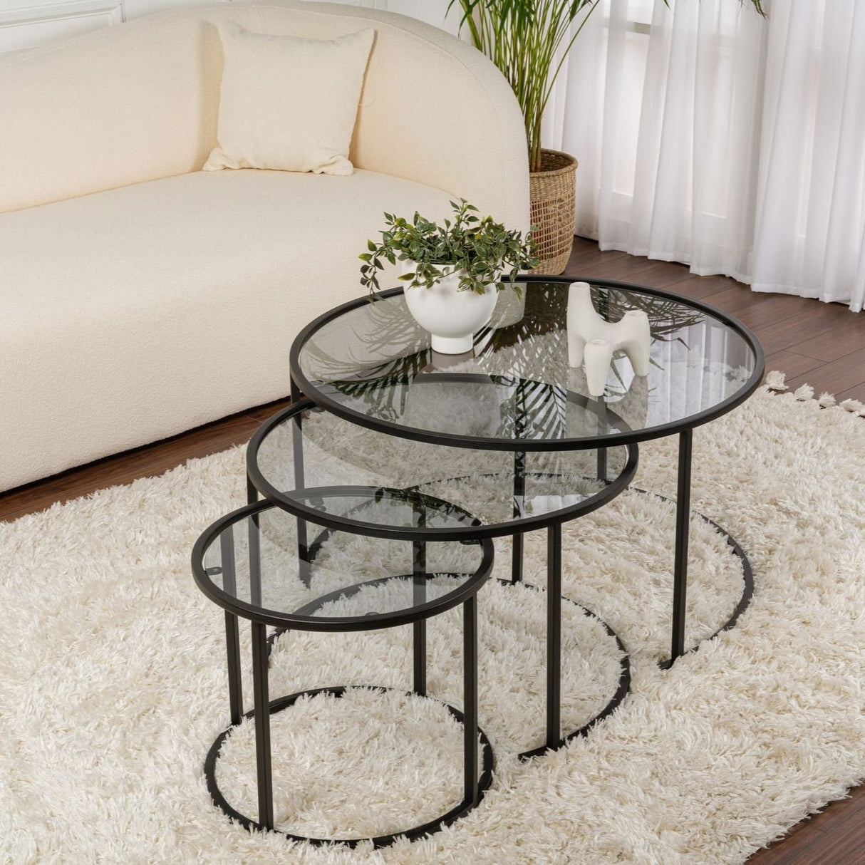 Modern Coffee Table Set of 3 Uru Black - Grey Glass - 80/60/42 cm 