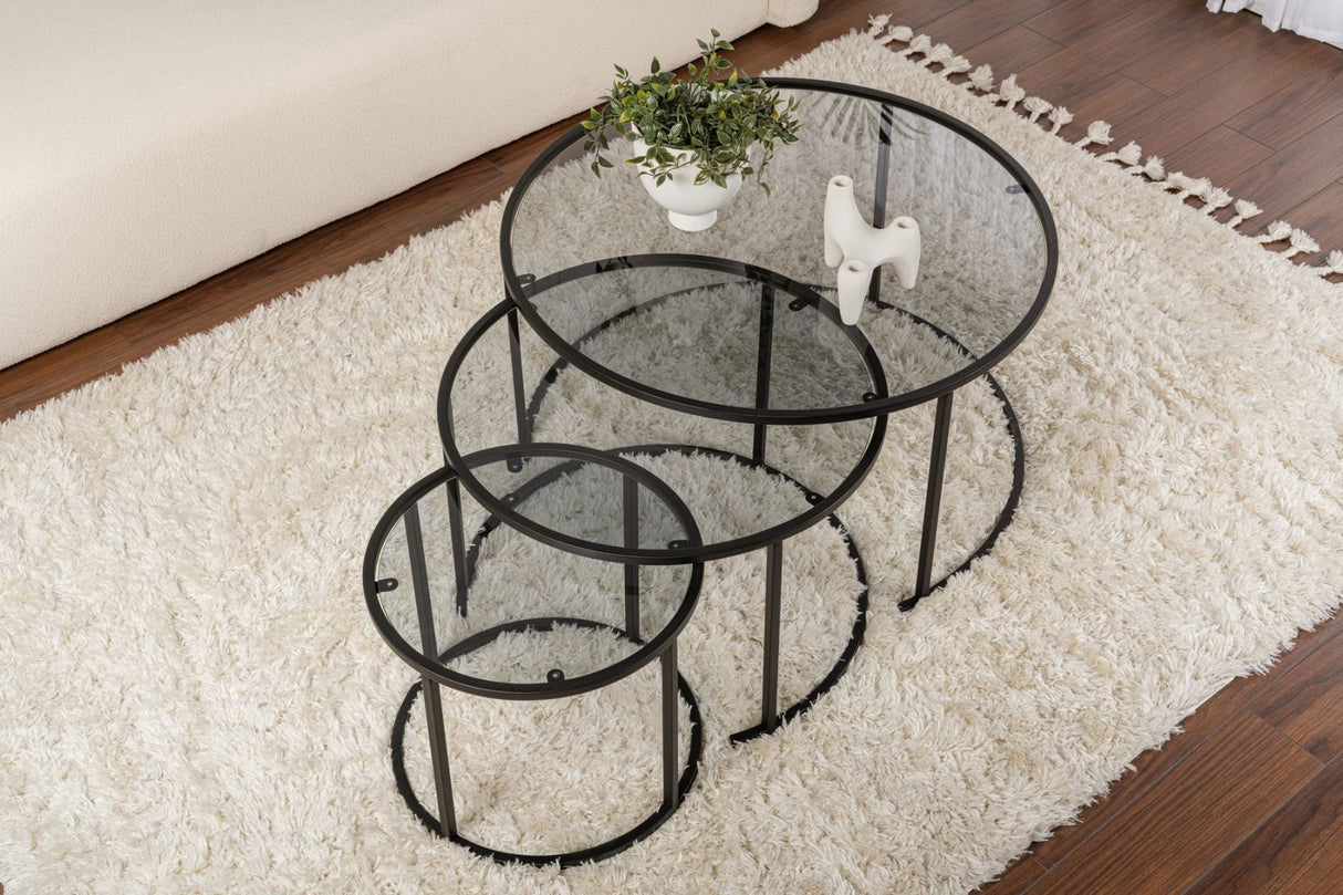 Modern Coffee Table Set of 3 Uru Black - Grey Glass - 80/60/42 cm 