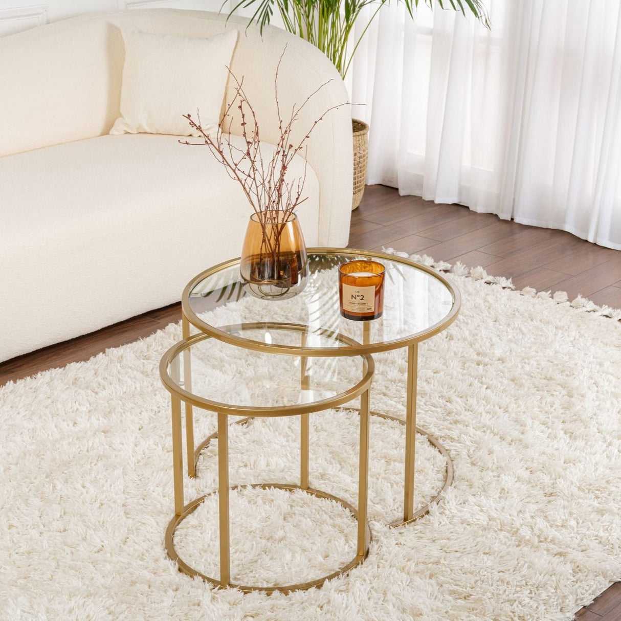 Modern Round Coffee Table Set of 2 Uru Gold - Transparent Glass - 60/42 cm 