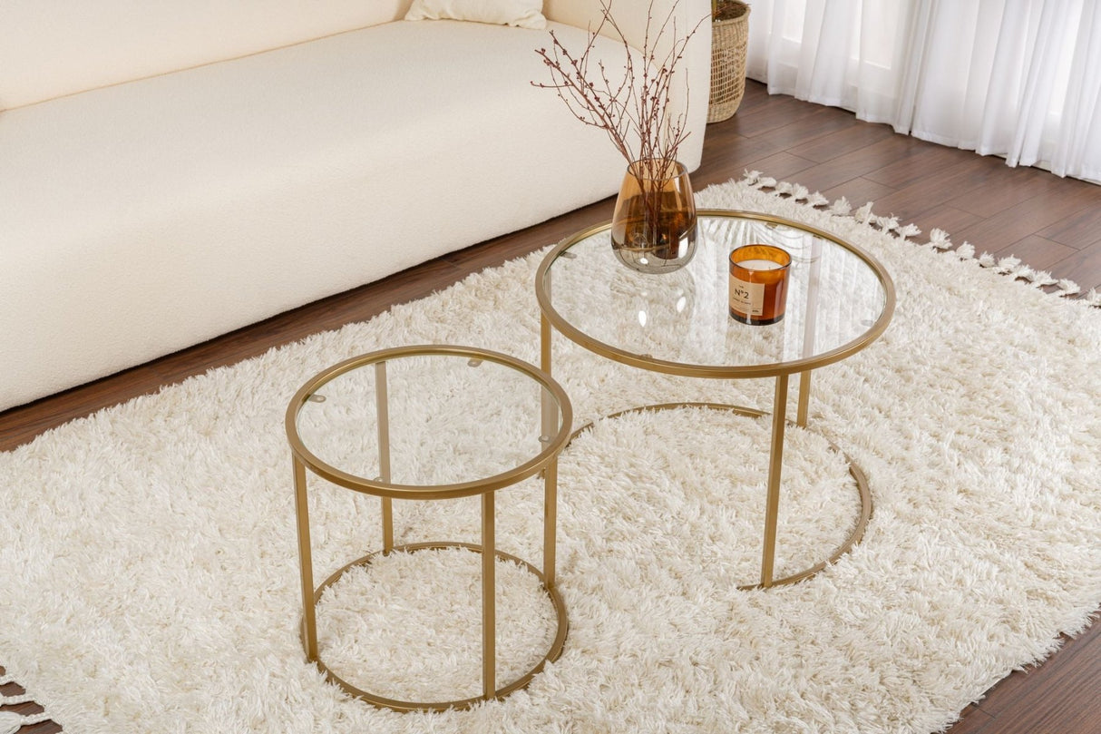 Modern Round Coffee Table Set of 2 Uru Gold - Transparent Glass - 60/42 cm 