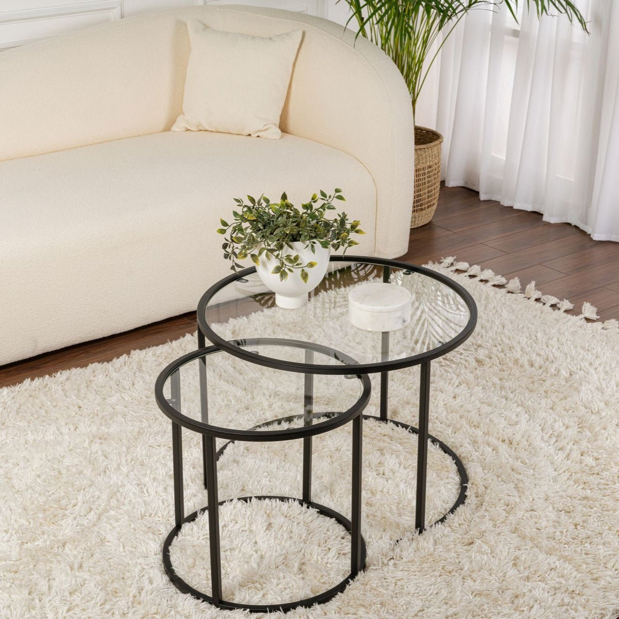 Modern Round Coffee Table Set of 2 Uru Black - Transparent Glass - 60/42 cm 