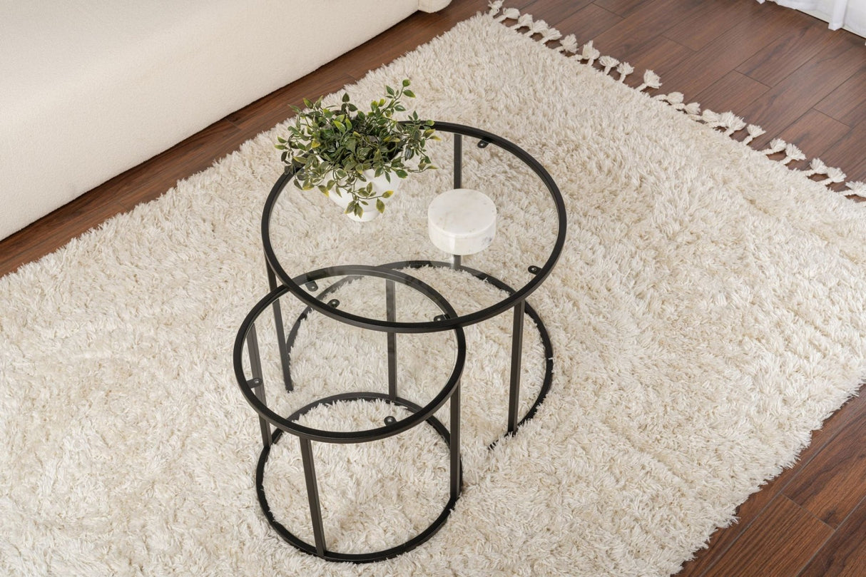 Modern Round Coffee Table Set of 2 Uru Black - Transparent Glass - 60/42 cm 