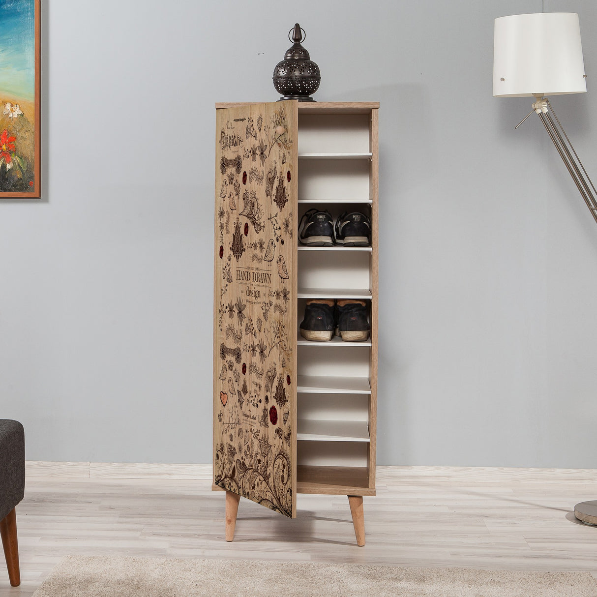 Shoe cabinets - Shoe cabinet Filinta Sonoma Oak Drawing Melamine 50x135x38 cm - Dimehouse