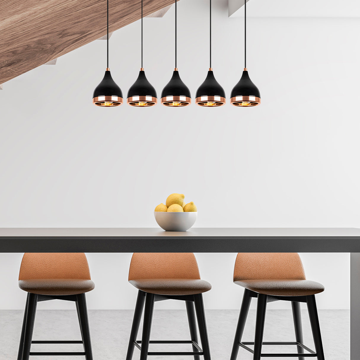 Pendant lamp 5-light Black Copper Metal Grip 