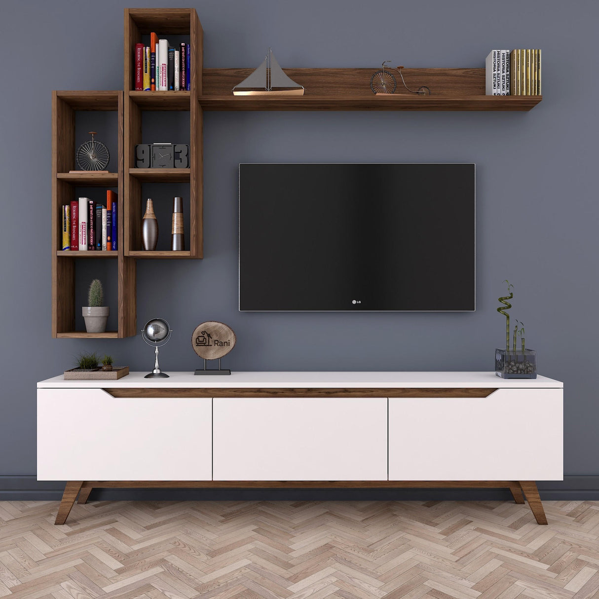 TV furniture set iona white dark walnut melamine 180x48.6x35 cm