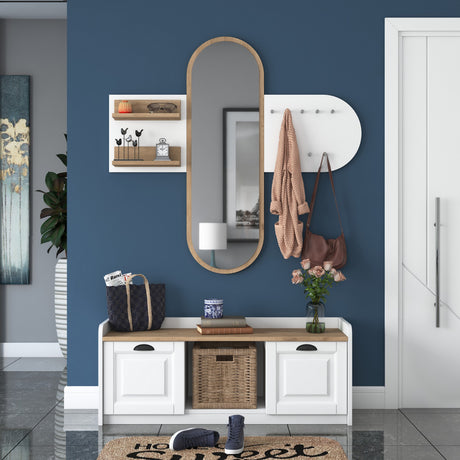 Furniture set Coat rack - Mirror - Shoe cabinet - White-Walnut Melamine 