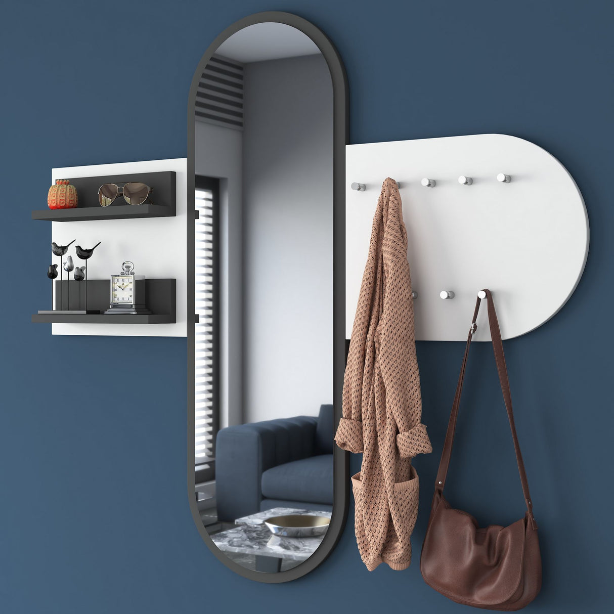 Coat Rack White Melamine 9-Hook - With Mirror - Two Shelves 