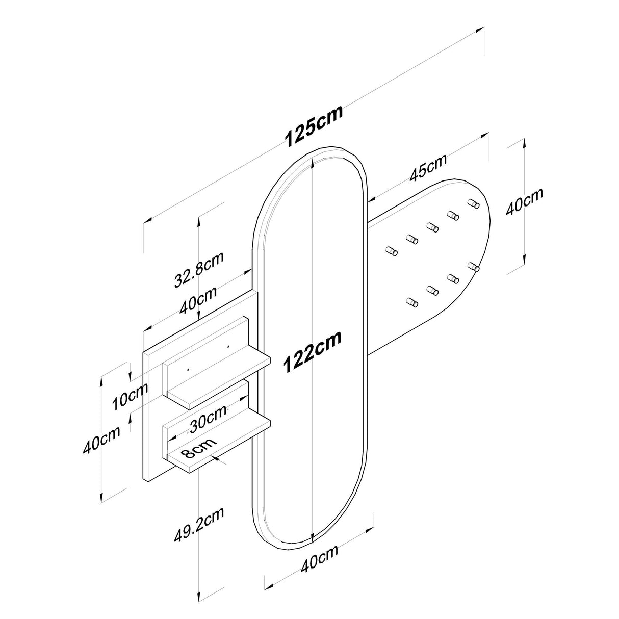 Coat Rack White Melamine 9-Hook - With Mirror - Two Shelves 