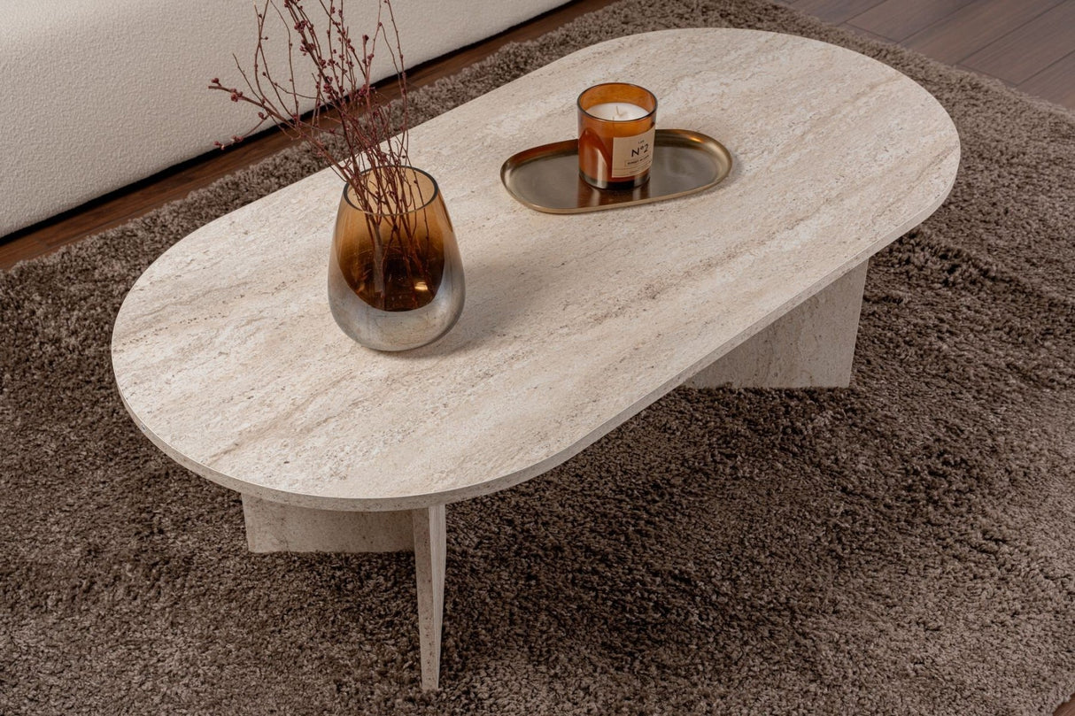 Oval coffee table travertine melamine - Japandi - 119x60 cm - Sota