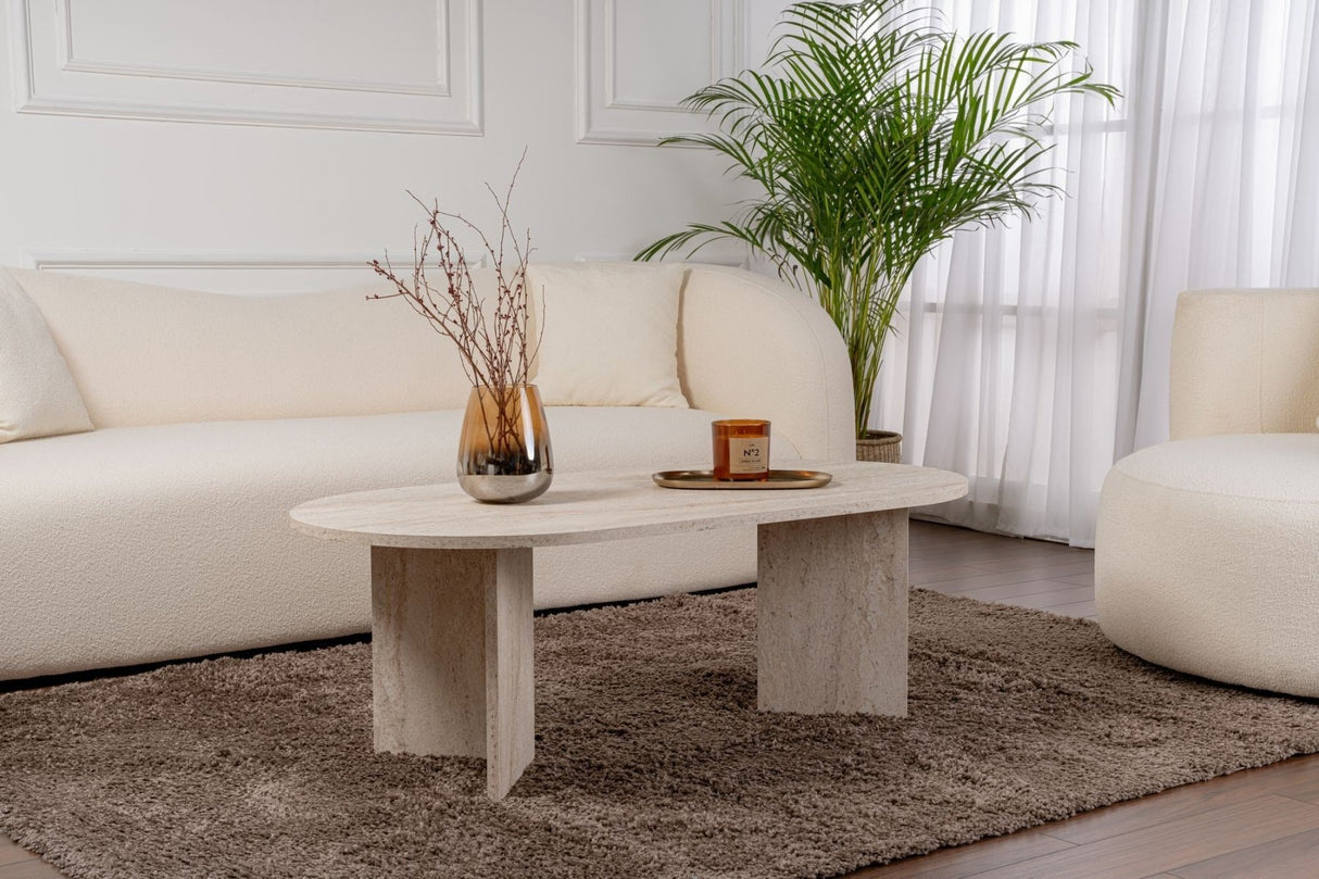 Oval coffee table travertine melamine - Japandi - 119x60 cm - Sota